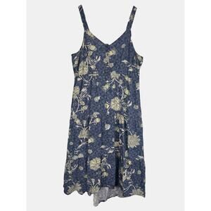 Sonoma Linen Blend Midi Dress XL Blue Floral Boho Cottage Smocked Pockets